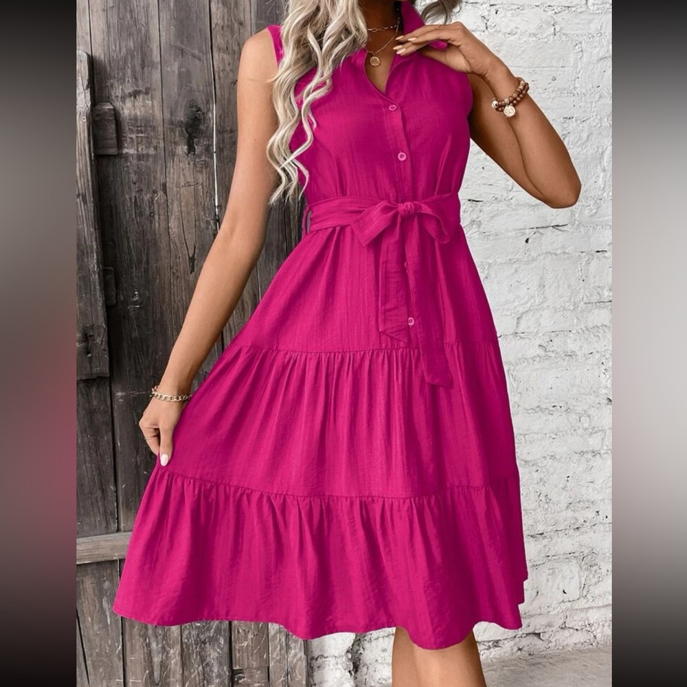 Boho ruffle hem belted shirt dress